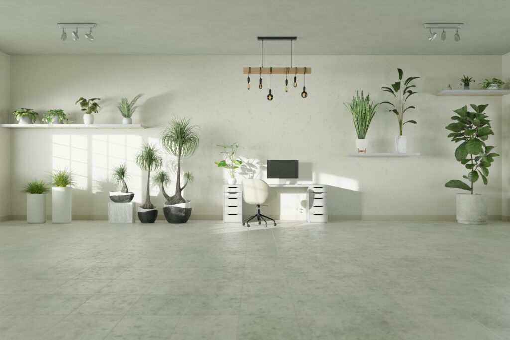 A room with a lot of potted plants in it