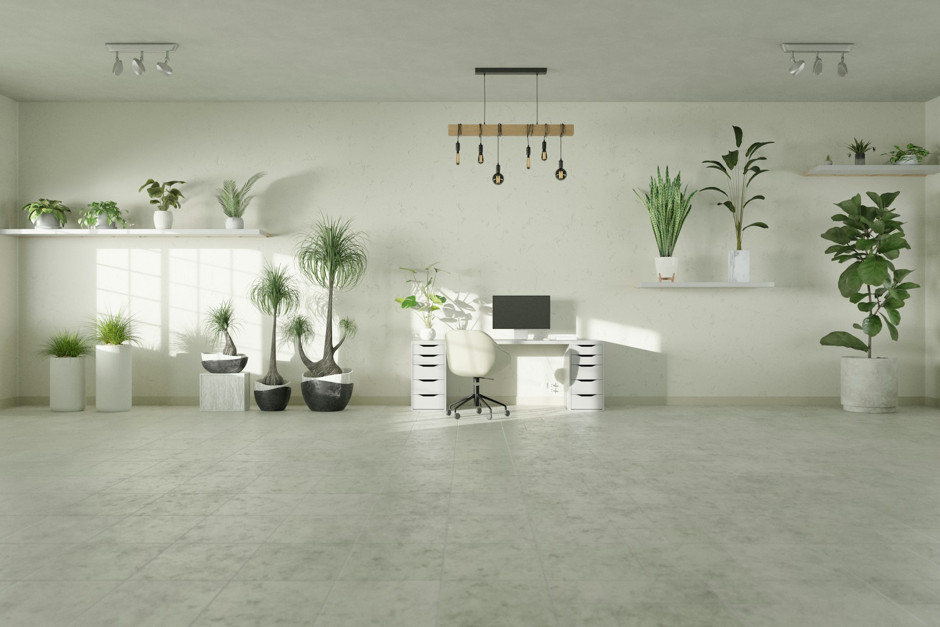 A room with a lot of potted plants in it